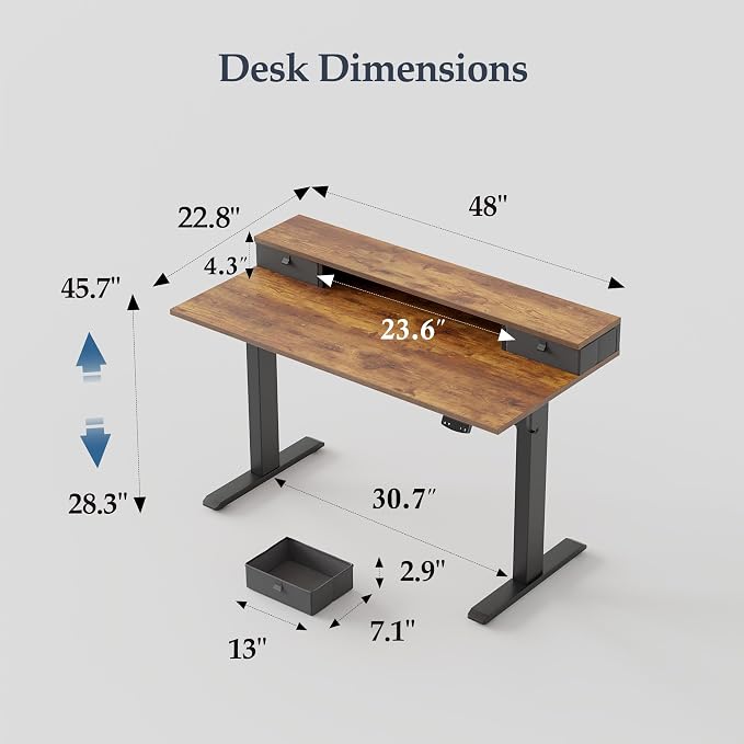 Klicelor 48 x23 Inch Electric Standing Desk with Drawers, Adjustable Height Small Sit Stand Desk for Home Office, Compact Computer Workstation with Storage– Rustic Brown