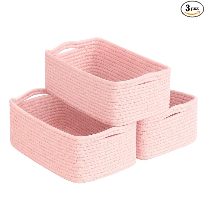Goodpick Baskets for Organizing, Cube Storage Bin for Decor, 11 x 7 x 4.5 in, Wicker Basket for Organization, Storage Basket for Nursery Organization 3 Pack, Pink