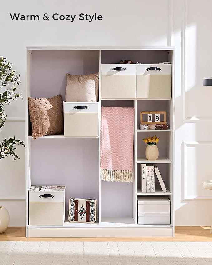 Cube Storage Bins | 9.5"x9.5"x9.8", Beige & White, 6 Pack | Multi-Size | 2X Thick Support Board | Vegan Leather Handles | 7.7 oz/yd² Fabric | 10"x10" Drawer Insert Basket