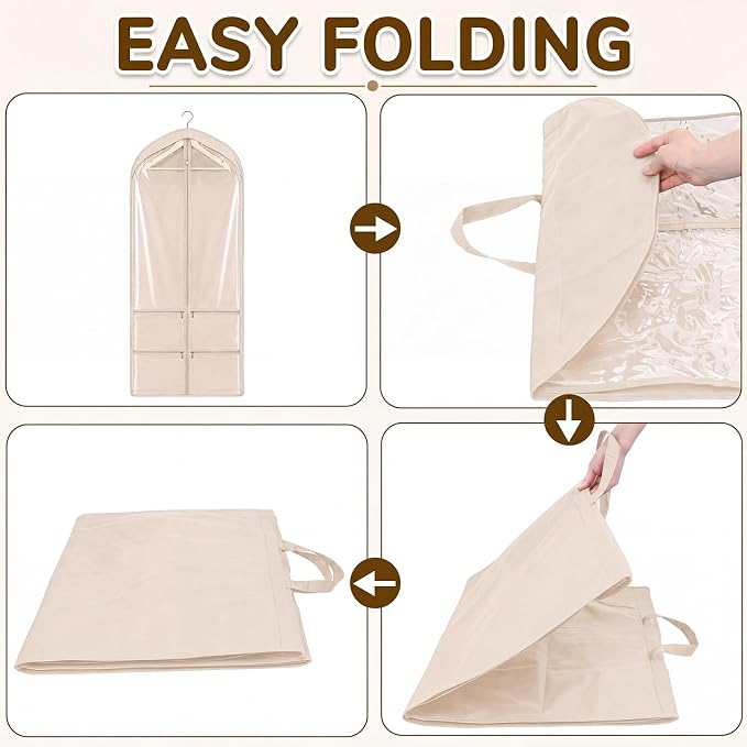 Tranqun 2 Pack 65" Long Wedding Garment Bags for Gowns 4" Gusseted Clear Dress Travel Bag for Hanging Clothes Foldable Wedding Dress Cover with 4 Zipper Pockets for Closet Storage and Travel (Khaki)
