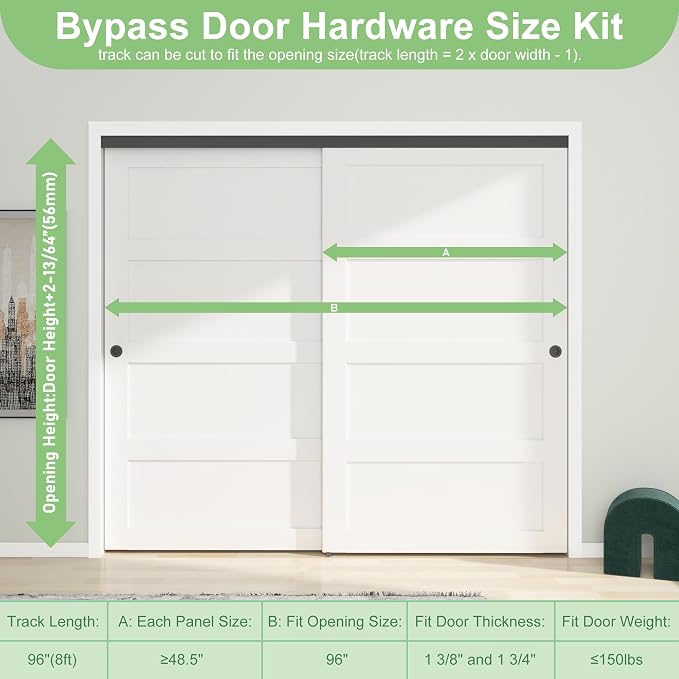 8FT/96(Double 4FT) Bypass Door Hardware, Aluminum Double-Closing Sliding Closet Door Hardware with Finger Pull Included, Smoothly and Quietly, Fit Door Thickness 1 3/8" or 1 3/4", Black