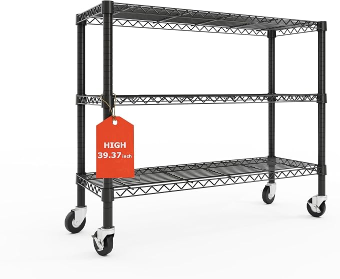 3 Tier Wire Shelving Unit with Wheels, Heavy Duty Metal Storage Shelf Rack, 36.9" W x 18.6" D x 39.4" H Rolling Wire Shelf with Locking Casters for Garage, Pantry, Kitchen, Laundry Room,