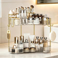 2-Tier Corner Bathroom Counter Organizer，Makeup & Skincare Shelf with Built-in Brush Holder，Space-Saving Bathroom Countertop Organizer for Skincare, Perfume, Cosmetics(Clear)