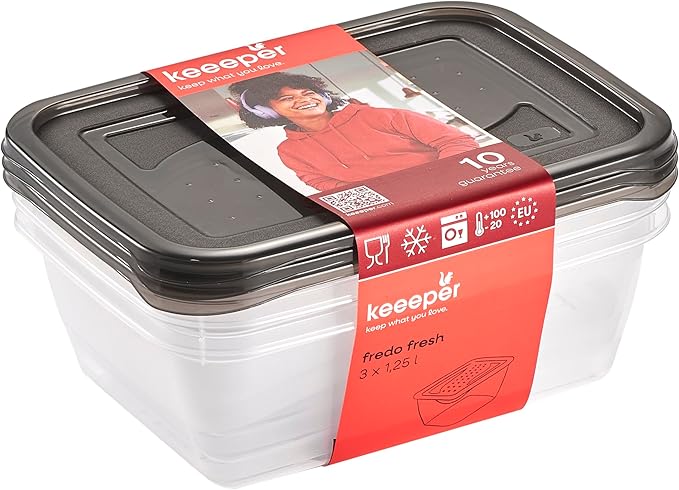 keeeper Fredo Fresh Food Storage Container Set 3 x 1.25 L Crystal Grey (Transparent)