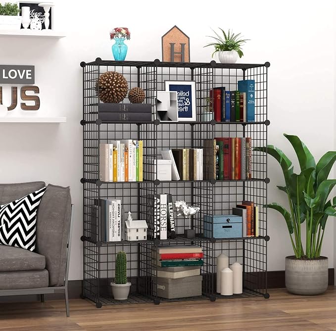 HUBSON Wire Cube Storage Organizer, Book/Toy/Craft/Potted Plants and petCloset Organizers and Storage Shelves, 12-Cube Freely Combinable Metal Grids Storage Shelf,Black Iron