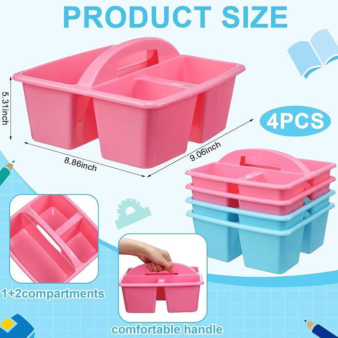 AceOrbit 4 Pack Pastel Pink and Blue Classroom Table Caddy with Handle 9x9x5'' Plastic Small Desk Caddy for Classroom Group with 3 Compartments School Supply Caddies for Teacher Office Organizer