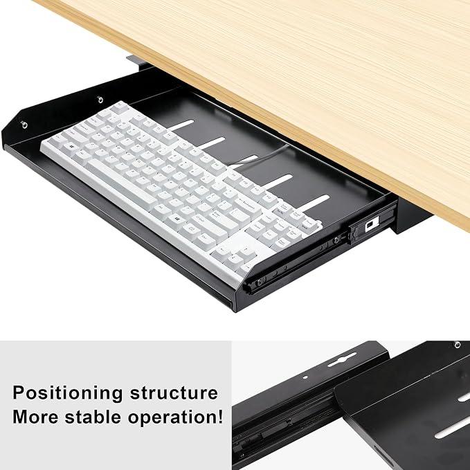 Under Desk Laptop Drawer with Air Vents, 16.3" x 12" Metal Laptop Drawer | Pull Out Under-Desktop Storage for Laptop & Accessories