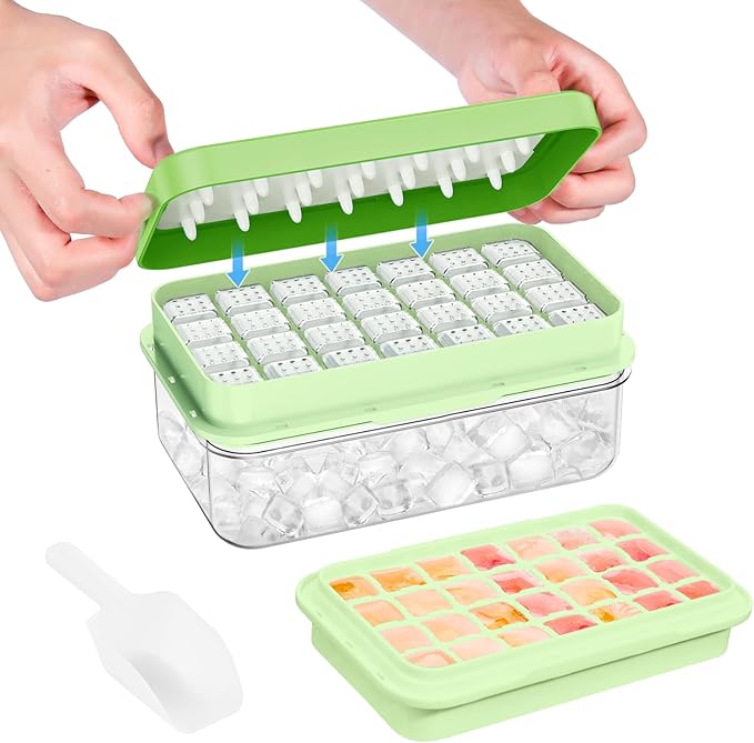 0.8“ Ice Cube Tray with Lid and Bin, PHINOX 28 Cubes Ice Trays for Freezer, Ice Cube Trays for Freezer with 1 tray, Container, Lid & Ice Scoop, BPA Free, Green(28Cubes/Tier)