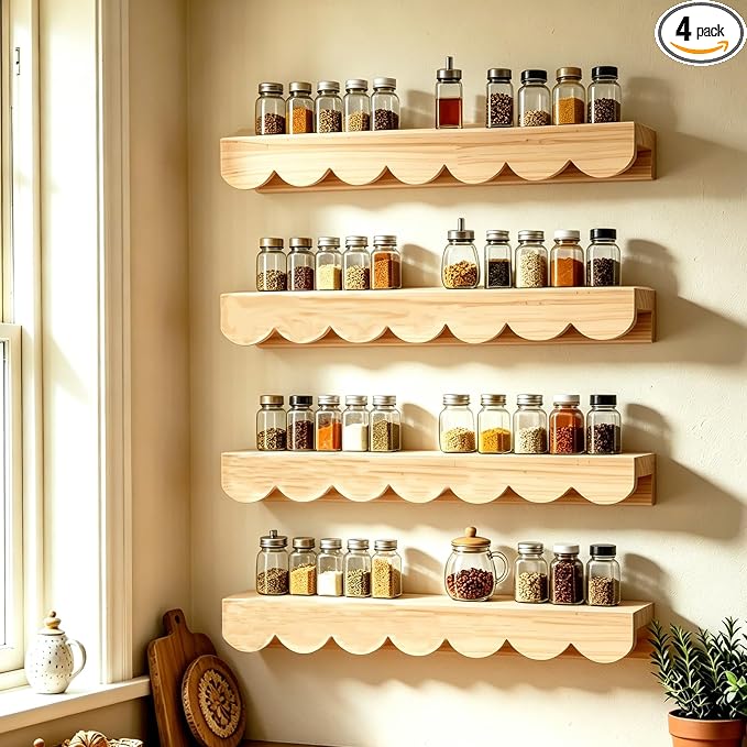 4 Tiers Spice Rack Wall Mounted, Scalloped Kitchen Storage Village Style Display Shelf, Vintage Spice Jar for Living Room, Bedroom, Shelf Only, 15.75 x 4.72 x 1.9 Inches