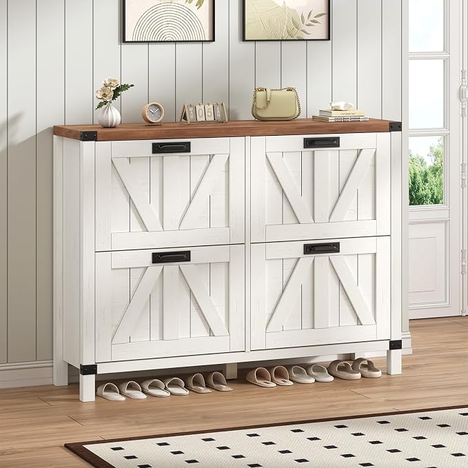 YOMILUVE Shoe Storage Cabinet with 4 Flip Drawers, Farmhouse Shoe Cabinet for Entryway, Slim Shoe Rack Freestanding Shoe Organizer with Barn Door, Brown and White