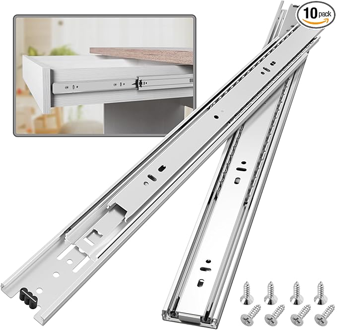 10 Pair Full Extension Ball Bearing Drawer Slides 8 10 12 14 16 18 20 22 24 Inch 100 LB Load Capacity Side Mount File Cabinet Rails Dresser Metal Runner Trash Can Kitchen (10 inch, Silver)
