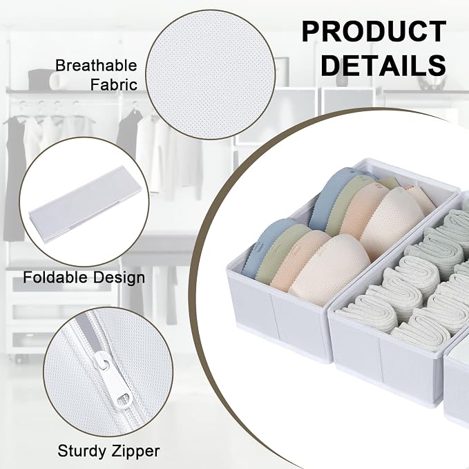 DIMJ Drawer Organizer Clothes, 12 Pack Fabric Closet Organizers and Storage, Foldable Baby Clothes Organizer & Dresser Bin For Nursery, Bedroom, Closet, Socks, Bra, Tie,White