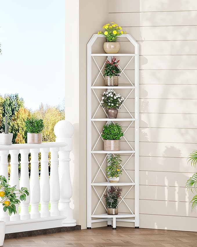 CHOEZON 6-Tier Industrial Corner Shelf, 71.2" Corner Storage Stand, Plant Stand Display Shelf, Corner Bookcase for Bedroom, Living Room, Home Office, White TCJ11WB