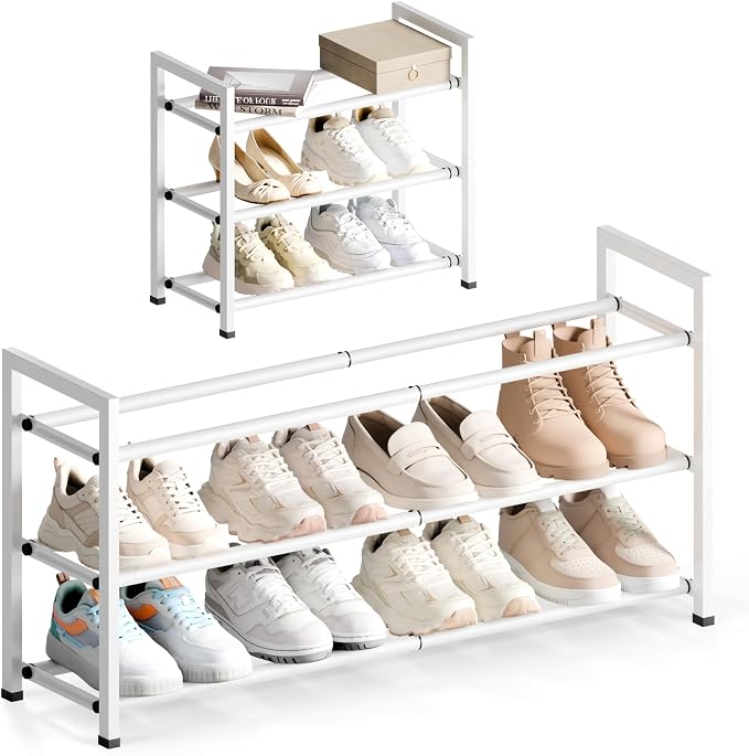 Bumusty 3-Tier Expandable Shoe Rack for Closet, 18“-33” Adjustable Shoe Rack for Small Space, Small Shoe Organizer for Front Door, Sturdy Metal, White