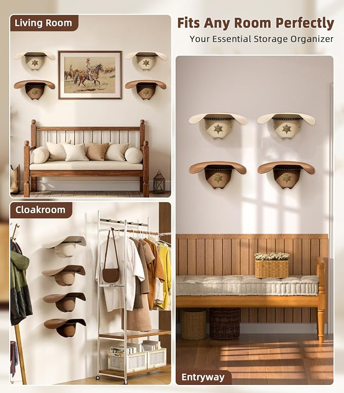 Cowboy Hat Rack 4-Pack Dual Arm Metal Wall Mount for Wide Brim Hats Rustic | Rustic wall hat rack with extended dual arms, fits cowboy hats, fedoras and wide-brim caps to prevent brim bending.