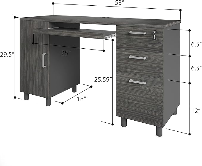 Modern Designs Venice Computer Desk with Lockable Drawers, 53 Inch Home Office Desk with Storage Cabinet, Keyboard Tray & Cable Management, Modern Study Writing Desk for Small Spaces, Black and Grey