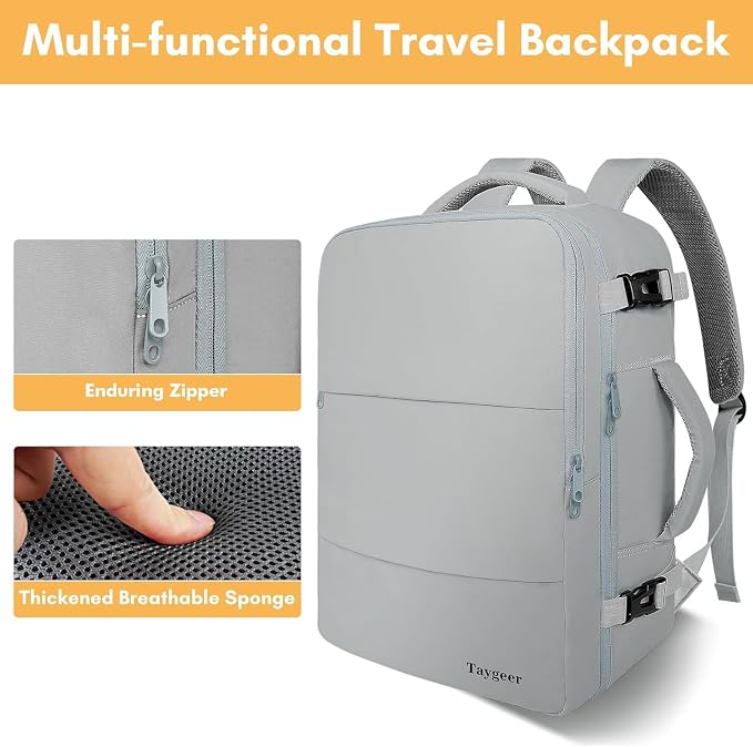 Taygeer Carry On Backpack for Men Women, Travel Backpack with Shoe Pouch | Laptop Mochila 17.3inch Flight Approved with Water Bottle Pocket, College Teacher Tote Bag for Business Travel, Grey