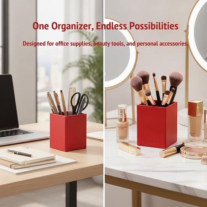 UnionBasic Square Pen Holder, Leather Pencil Cup, Desktop Caddy Stationery Organizer, Red