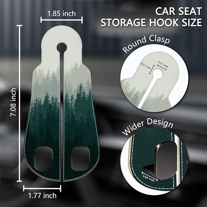 Blusabaca 2PCS Car Seat Headrest Hooks, Purses Bags Holder, Forest Trees | PU Leather, Double Metal Back Storage Hangers for Grocery Bags Handbags Bottles Coats Phones, Car Accessories Organization