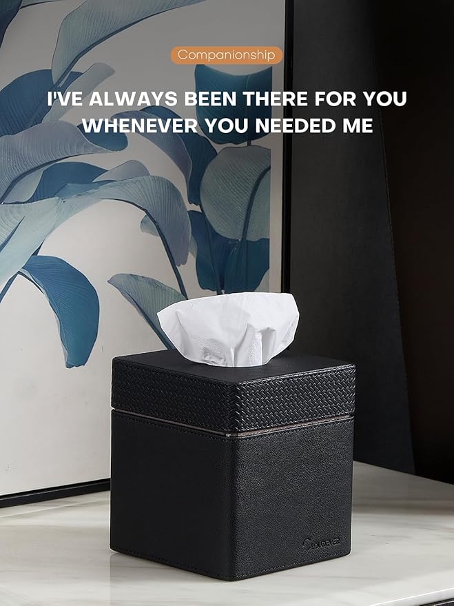 Tissue Box Holder Cover, Modern PU Leather Square Decorative Tissue Holder Organizer-Woven New Black