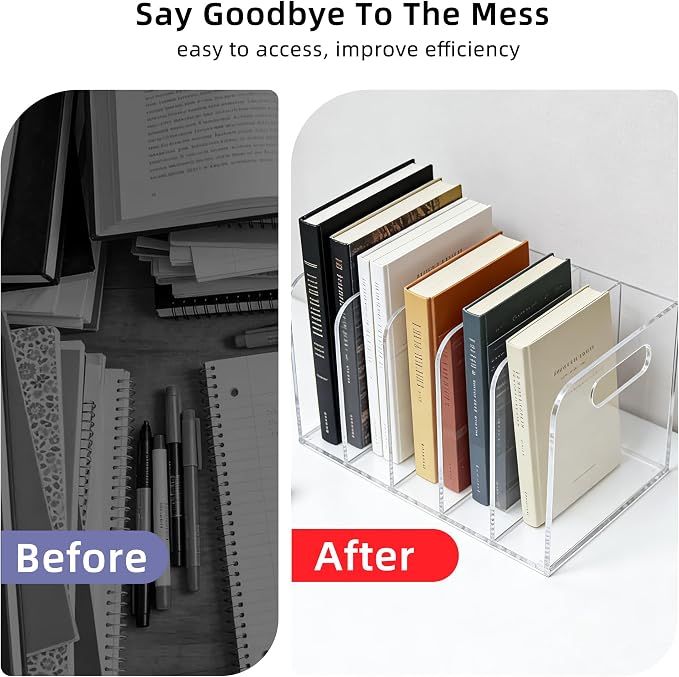 Clear Acrylic Magazine File Holder, 5 Compartment Desk Organizer | 5 spacious vertical compartments hold magazines, files, books & more. Clear acrylic, non-slip base. No assembly, portable.