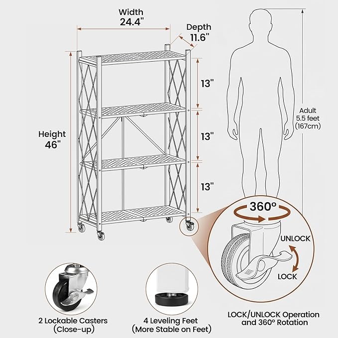 ALANNG 4 Tier Folding Storage Shelf on Wheels,Heavy Duty Metal Rolling Cart | 264 lbs Capacity, No Tools Assembly, Folds to 3.9", Lockable Casters, Portable for Kitchen Laundry Garage