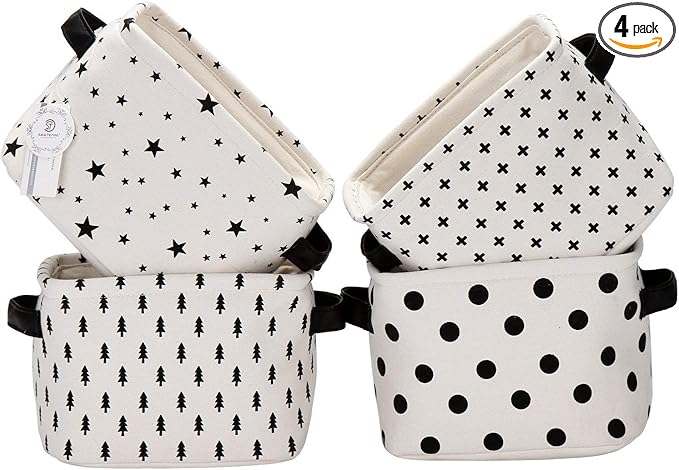 Sea Team Collapsible Small Canvas Fabric Storage Basket with Handles, Square Mini Storage Box, Cube, Foldable Shelf Basket, Closet, Desk Organizer for Nursery, Home, Office (Set of 4) (Small, Black)