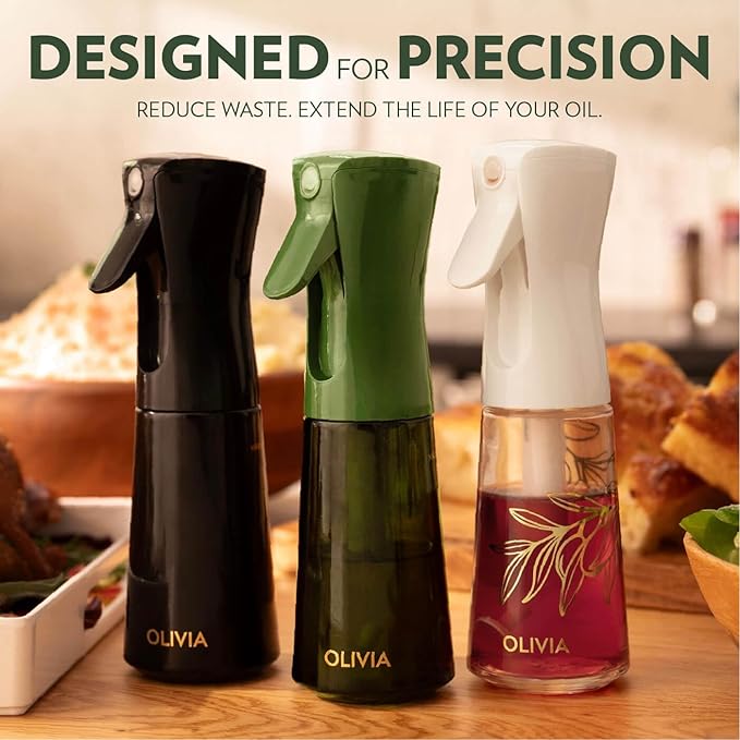 OLIVIA Signature Oil Sprayer for Cooking, 200ml Glass Olive Oil Sprayer, Continuous Cooking Spray with Portion Control, Oil Dispenser for Kitchen, Air Fryer, Salad, BBQ (Green Bottle, Gold Print)