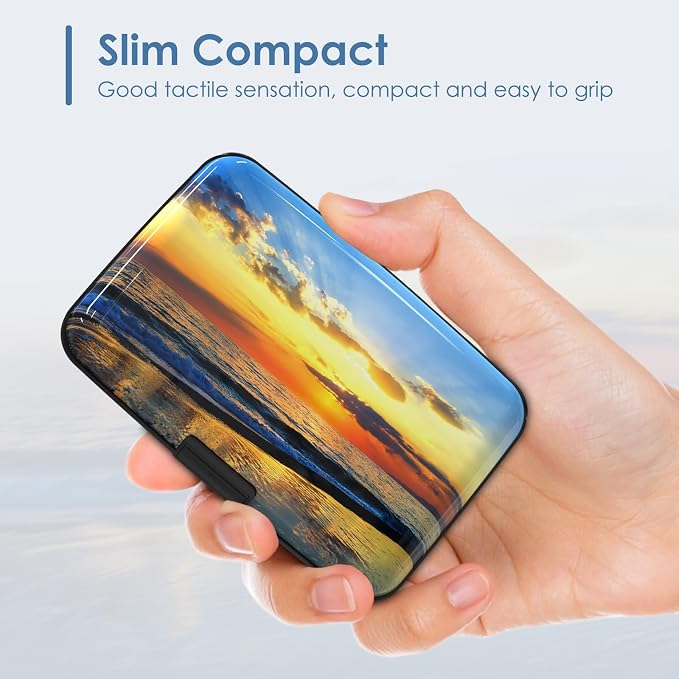 Credit Cards Holder, RFID Blocking Aluminum Wallet Slim Metal Hard Case Mini Travel Wallet ID Case for Women Men, Seaside Sunset