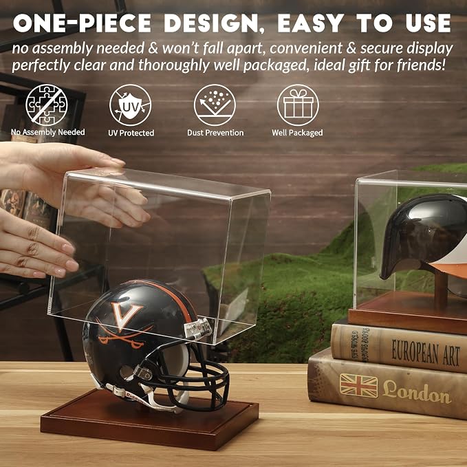 JupDec Mini Helmet Display Case, Acrylic Clear 1/2 Football Helmet Showcase, UV Protection Souvenirs and Collectibles Box with Solid Wood Base & Riser, Ideal Gift for Sports Enthusiast, 2 Pack