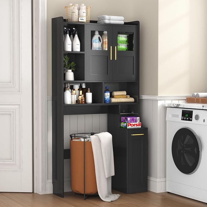 ELYKEN Over The Toilet Storage Cabinet with Pulley Bathroom Storage Cabinet, Home Space-Saving Over Toilet Rack with Glass Doors & Adjustable Open Shelf for Bathroom, Restroom, Laundry,Black