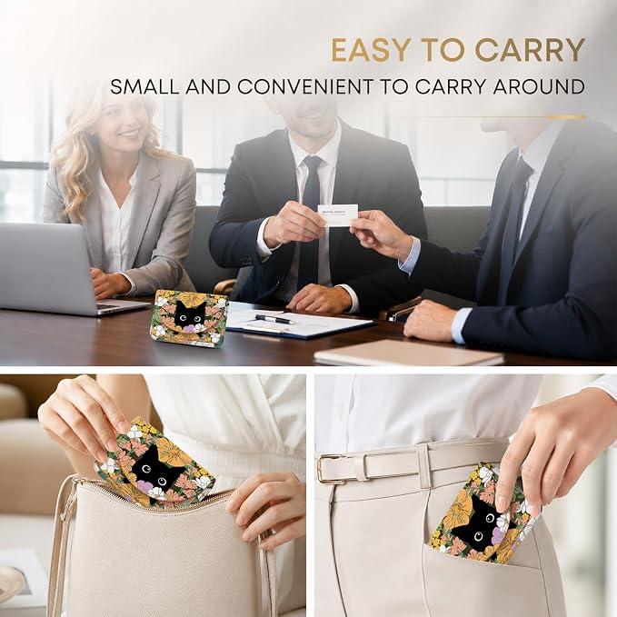 Business Card Holder，PU Leather Business Card Case for Purse，Pocket Travel Name Card Case Holder Wallet for Men Gift，Portable Magnetic Business Card Carrier Black Cat Floral