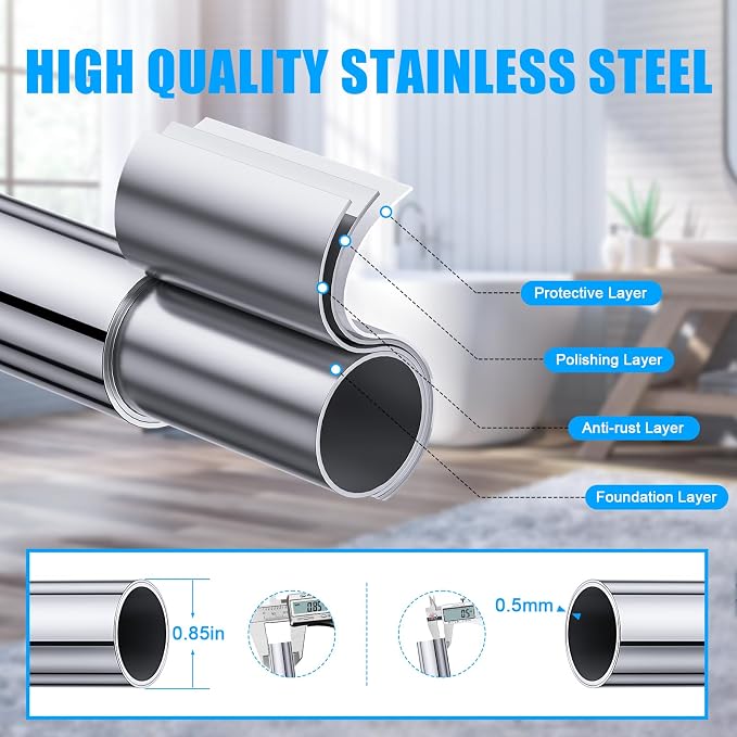 TEECK 2 Pack Shower Curtain Rod, 32-68 inch Adjustable Spring Tension Curtain Rod, Never Rust Anti-Slip Shower Curtain Rod for Bathroom, No Drilling, Never Collapse, Easy to Use, Silver