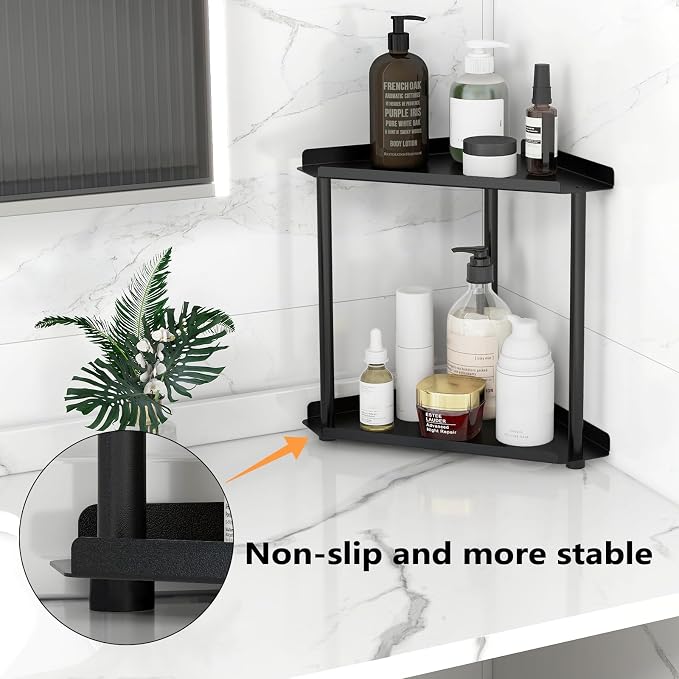 FLE Corner Bathroom Counter Organizer, Bathroom Organizer Countertop Black | 2 Tier Corner Shelf, Tabletop Mount,Waterproof solid shelf fits bathroom toiletries and kitchen condiment storage.