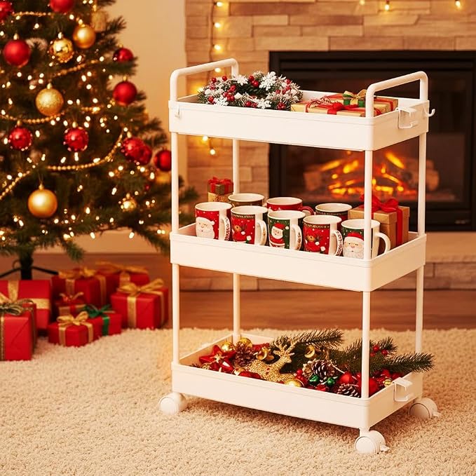 Ronlap 3 Tier Slim Rolling Storage Cart with Wheels Utility Organizer,White | For bathroom, laundry, kitchen, bedside & dorm. Fits art, craft, snack, makeup, nail, diaper & postpartum baby supplies