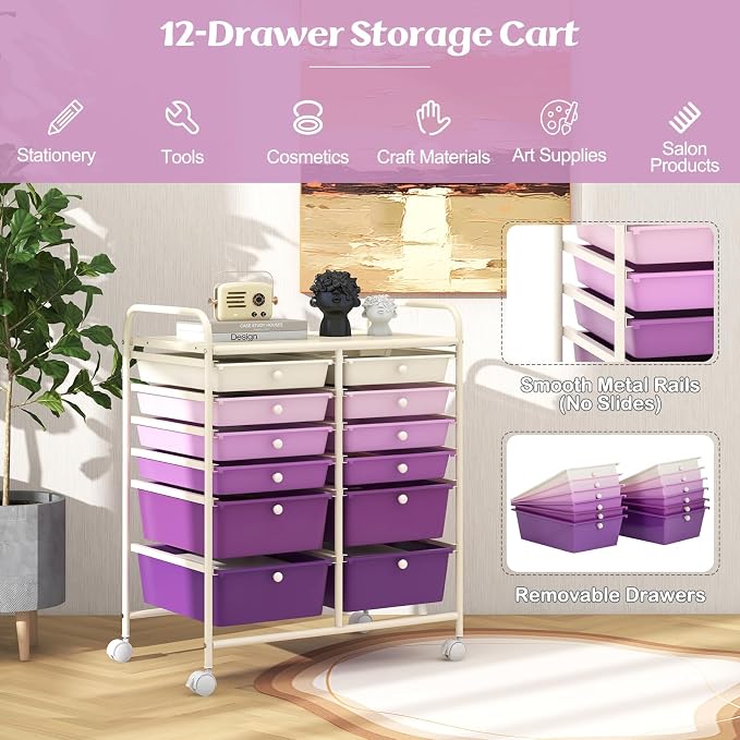 DREAMADE Rolling Cart with Storage Drawers, Utility Cart w/Removable Plastic Drawers, Lockable Wheels, Art Cart for Classroom Organization Art Supplies Office Scrapbook (12 Drawers, Purple Gradient)