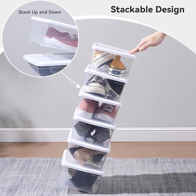 novelinks 8 Pack 6QT Plastic Storage Bins with Lids, Shoe Boxes (White) | Clear Shoe Storage Boxes, Shoe Boxes Clear Plastic Stackable, Shoe Bins, Shoe Containers, Craft Organizers and Storage
