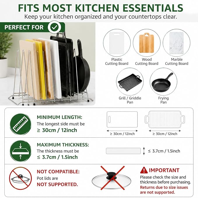 Stainless Steel Cutting Board Holder, 6-Slot Countertop Stand | 304 stainless steel, 6-slot organizer, heavy-duty, fits boards up to 1.4in (3.7cm) thick, not for pot lids
