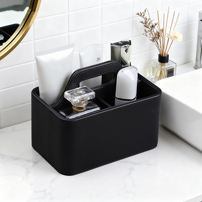 PU Leather Remote Control Holder, Desk Caddy Organizer with Handle Beige | 3 Compartments Portable Remote Organizer, Remote Caddy Bedside Holder for Office Storage Supply Organizer