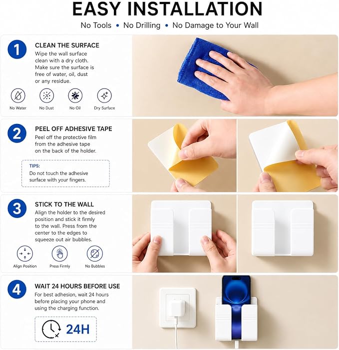 Wall Phone Holder, Adhesive Phone Wall Mount with Cable Hole, Bathroom Bedside Kitchen RV Phone Holder Compatible with iPhone, Android Phones and Remote Controls (White)
