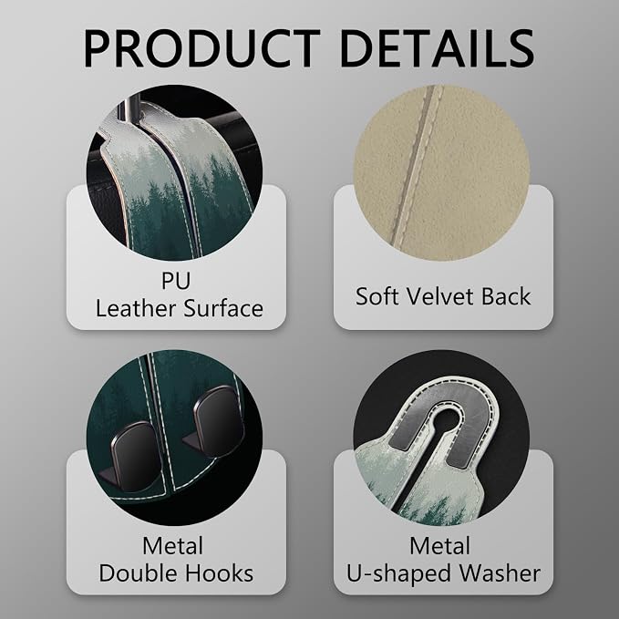 Blusabaca 2PCS Car Seat Headrest Hooks, Purses Bags Holder, Forest Trees | PU Leather, Double Metal Back Storage Hangers for Grocery Bags Handbags Bottles Coats Phones, Car Accessories Organization