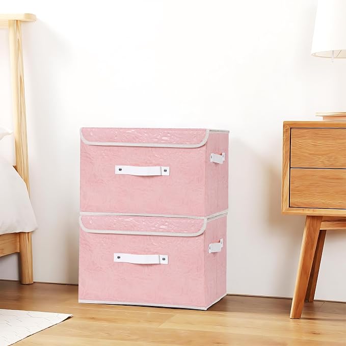 ANMINY 4PCS Fabric Storage Bin with Lid Rose Print Storage Box Basket with PU Leather Handles Washable PP Plastic Board Decorative Foldable Lidded Shelf Cubes Closet Organizer - Pink, Large Size