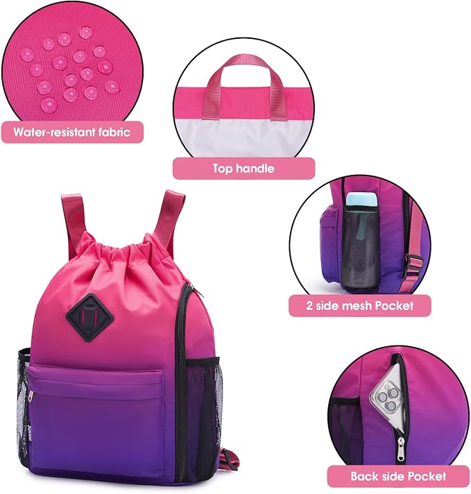 WANDF Drawstring Backpack with Shoe Compartment, Sports Gym Bag | Multi-Pocket Storage, Water-Resistant Fabric, Cinch String Bag
