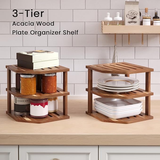 VERTORGAN 3 Tier Acacia Wood Corner Shelf(2 Pack),Dish Drying Rack,Plate Organizer,Kitchen Spice Rack for Countertop and Cabinet,Pantry Organization and Storage