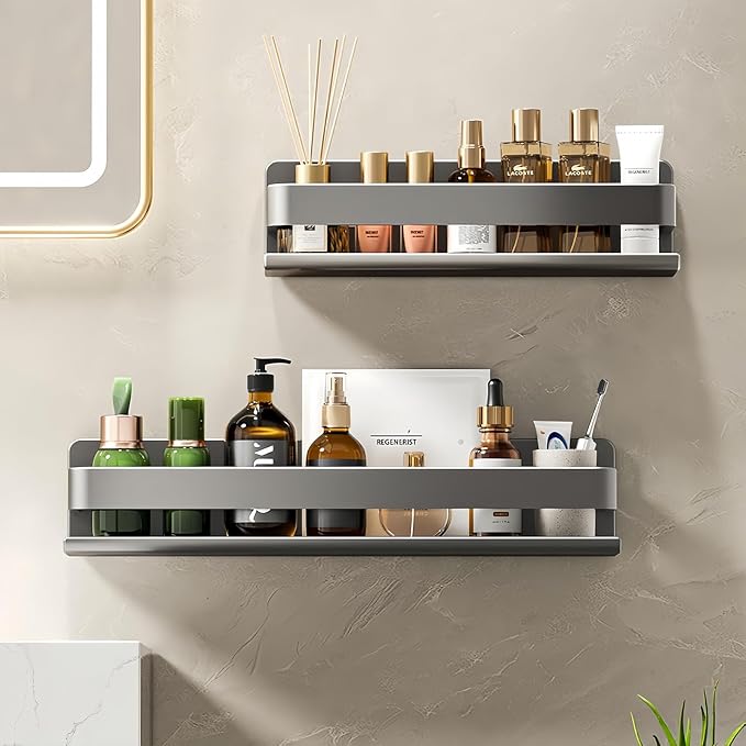 Adhesive Wall Mount Spice Rack for Kitchen, No-Drill 11.8” Carbon Steel Stove Shelf, Wall Mounted Spice Organizer with Guardrail, Self-Adhesive Seasoning Rack for Cabinet/Bathroom, Dark Gray