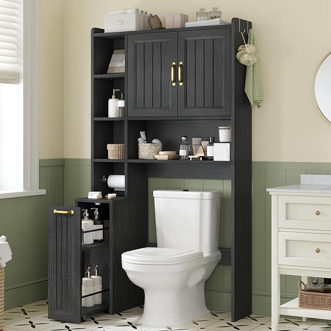 UPOSOJA Over The Toilet Storage Cabinet with Pulley, Bathroom Cabinet, Space Saver W/Adjustable Shelf Rack for Bathroom, Restroom, Laundry (Black-Type A)