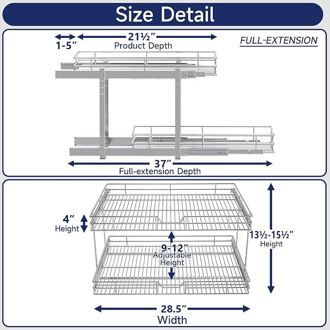 2-Tier Pull Out Cabinet Organizer, 28.5" W x 21.5" D, Heavy Duty Dual Slide Out Shelves for Wide Base Cabinets, Chrome Wire Basket Drawer for Pots, Pans, Pantry & Cleaning Supplies