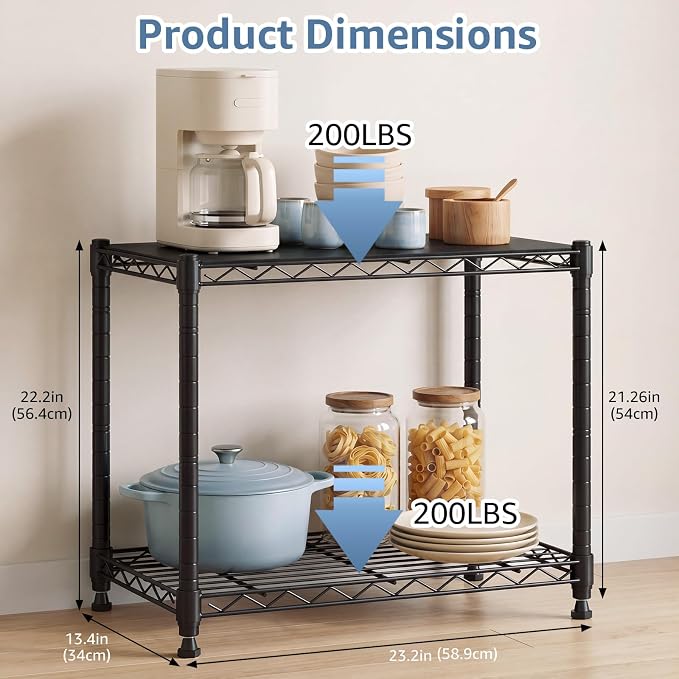 DUMOS 2-Tier Metal Storage Shelves, 23" W Wire Adjustable Standing Storage Rack Shelf, Heavy Duty Steel Shelving Unit Organizers for Kitchen Bathroom Pantry Garage, 23.2" Wx13.4 Dx22 H