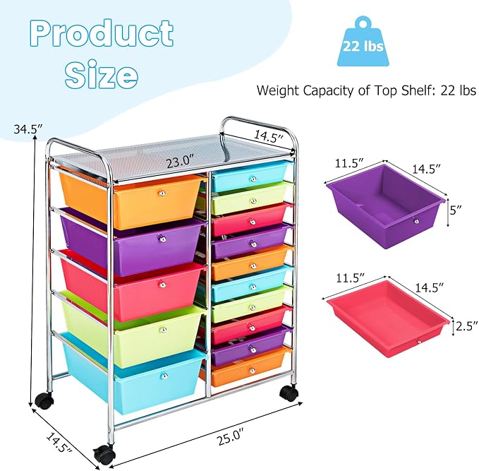 DREAMADE Rolling Cart with 15 Drawers, Rolling Drawer Organizer Cart w/Lockable Wheels, Removable & 2-Sized Storage Drawers, Art Cart for School Home Art Supplies Crafts File Scrapbook (Multi-color)
