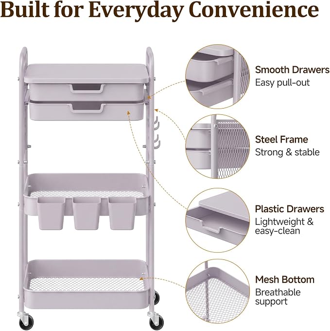 3 Tier Rolling Cart with 2 Drawers, Metal Utility Storage Carts with Wheels | Kitchen Rolling Cart 4.5" Deep Basket, Mesh Side Panel with 3 Cups, 4 Hooks for Office, Bedside, Craft Storage Cart